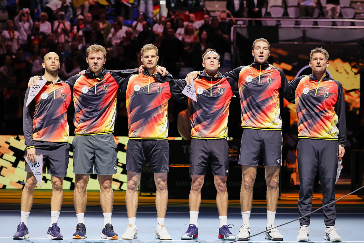 Tim Puetz of Germany, Kevin Krawietz of Germany, Yannick Hanfmann of Germany, Daniel Altmaier of Germany, Jan-Lennard Struff of Germany, Captain Michael Kohlmann of Germany - 2024 DAVIS CUP FINALS - Final 8 - Mens Tennis, 20.11.2024, Malaga (Palacio de Deportes Jose Maria Martin Carpena), Spain, Photo: Mathias Schulz