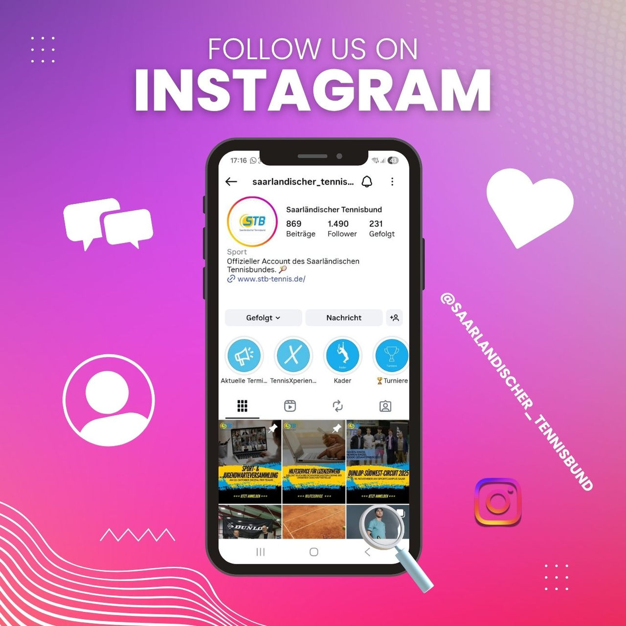 Handy, welches die Instagram-Page zeigt vor blauem Hintergrund mit der Überschrift: Follow us on Instagram