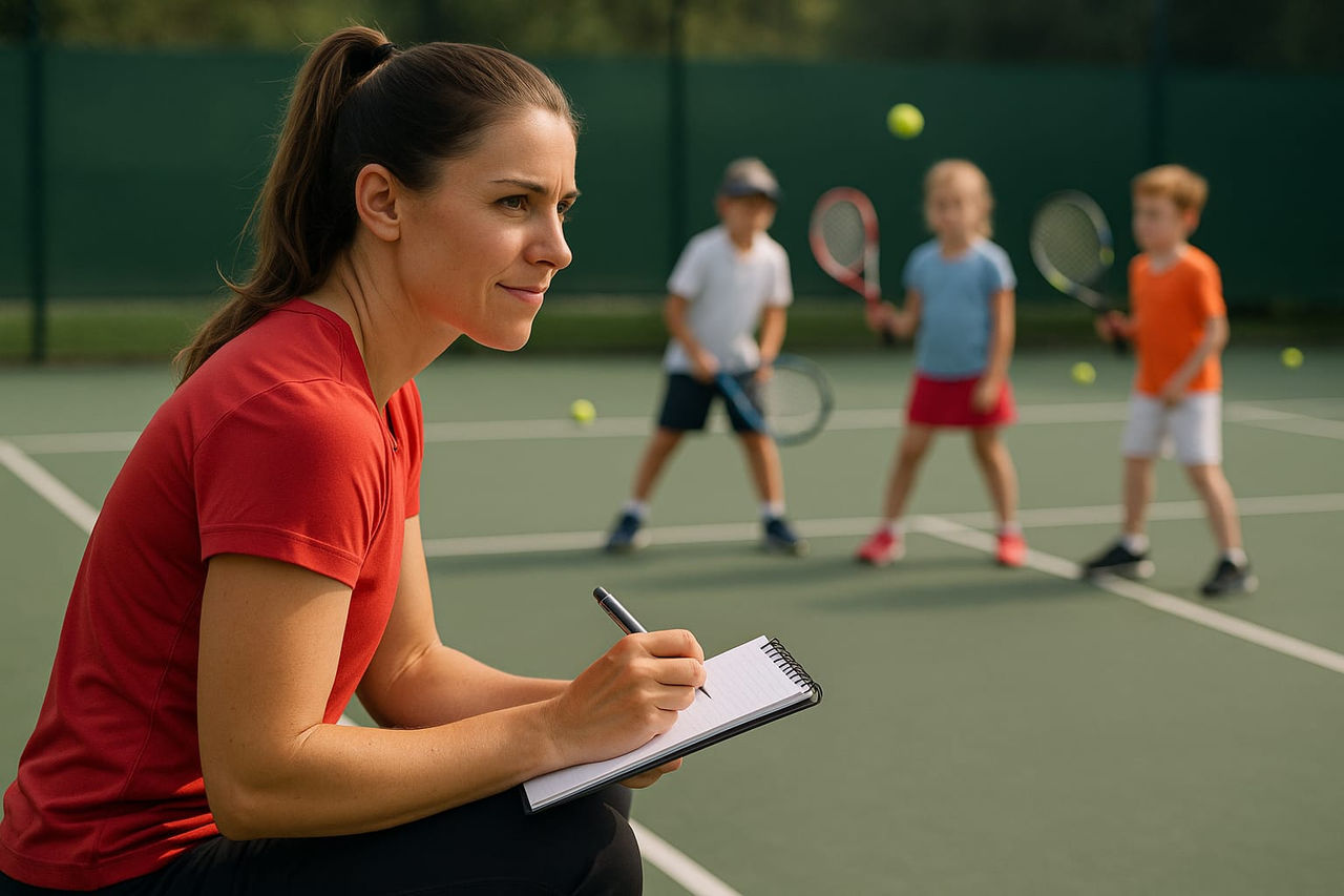 Trainerin im Vordergrund schaut sich Kinder beim Tennisspielen zur Sichtung an und macht sich Notizen
