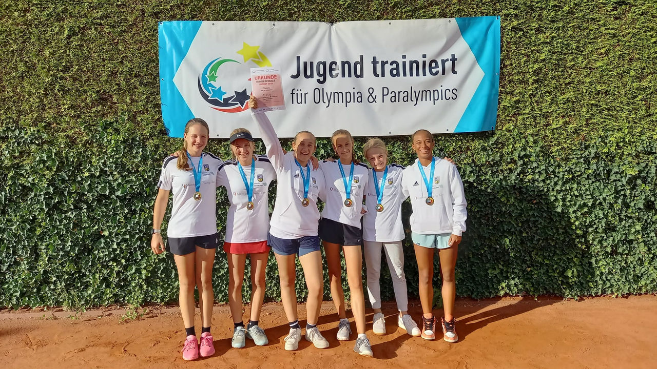 Mädelsmannschaft  jubelnd mit Siegerurkunde vor dem Banner von Jugend trainiert für Olympia