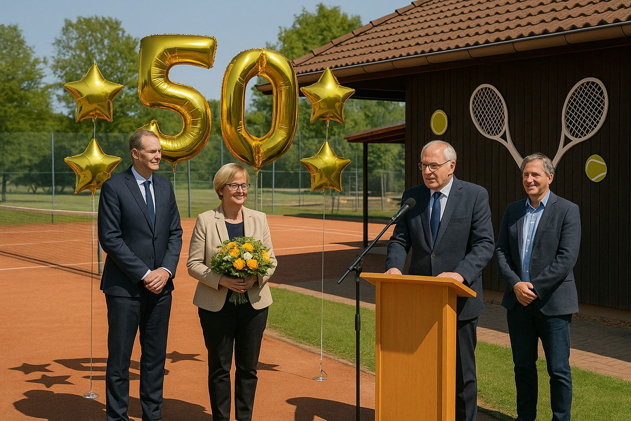 4 Personen auf dem Tennisplatz, feierliche Ehrung zum 50. Vereinsjubiläum, einer am Rednerpult hält gerade eine Rede, die 50 schwebt als Luftballon hinter den Personen