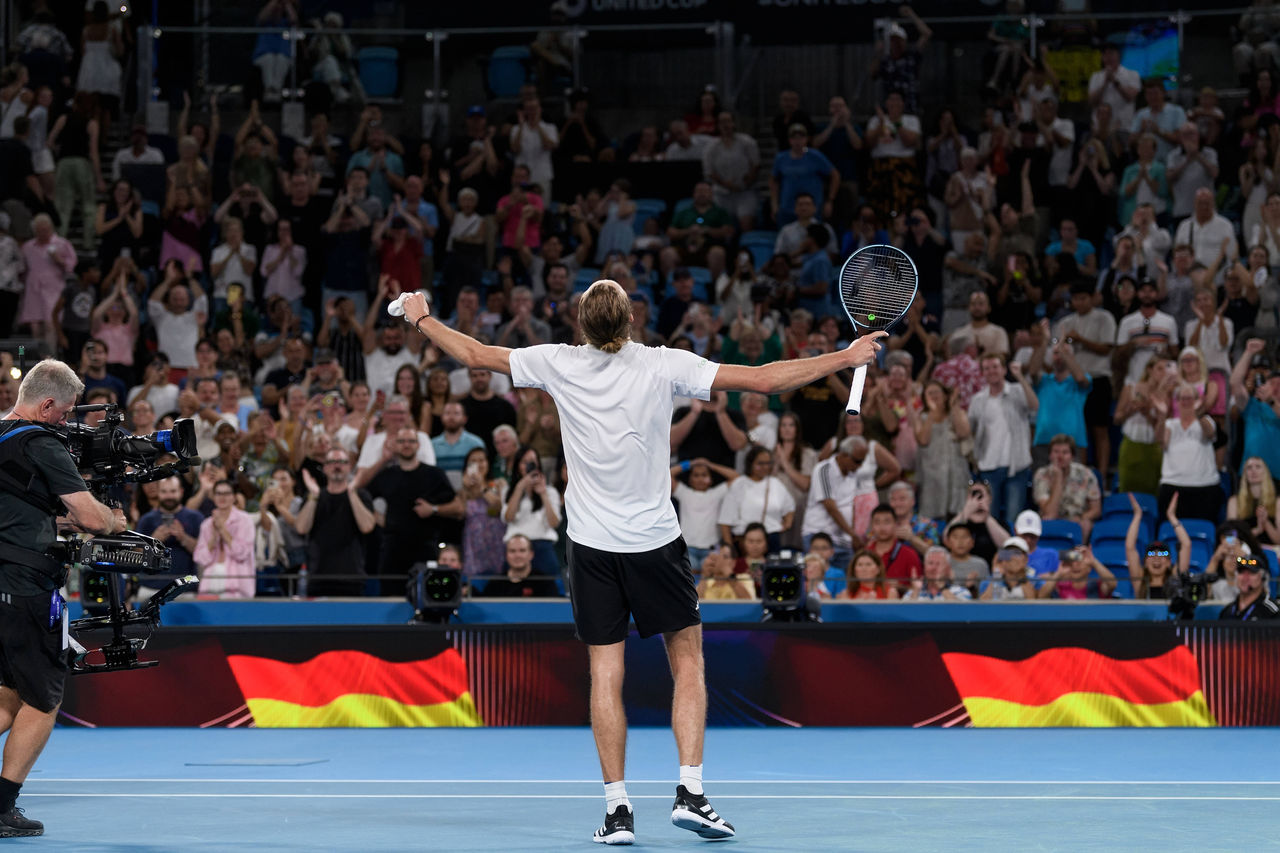 TENNIS UNITED CUP SYDNEY, Alexander Zverev of Germany celebrates winning against Hubert Hurkacz of Poland during their Final match of the 2024 United Cup at Ken Rosewall Arena in Sydney, Sunday, January 7, 2024.  ACHTUNG: NUR REDAKTIONELLE NUTZUNG, KEINE ARCHIVIERUNG UND KEINE BUCHNUTZUNG SYDNEY NEW SOUTH WALES AUSTRALIA PUBLICATIONxNOTxINxAUSxNZLxPNGxFIJxVANxSOLxTGA Copyright: xSTEVENxMARKHAMx 20240107001885900698
