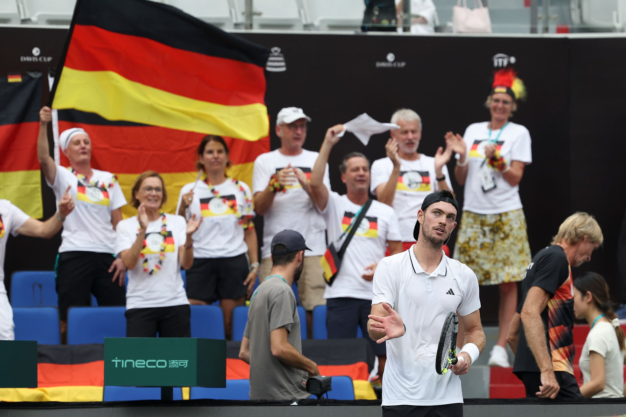 ZHUHAI, CHINA - SEPTEMBER 12: Maximilian Marterer of Germany in action during the 2024 Davis Cup Finals Group Stage against Tomas Barrios of Chile at Hengqin International Tennis Center on September 12, 2024 in Zhuhai, China.  (Photo by Zhe Ji/Getty Images for ITF)
