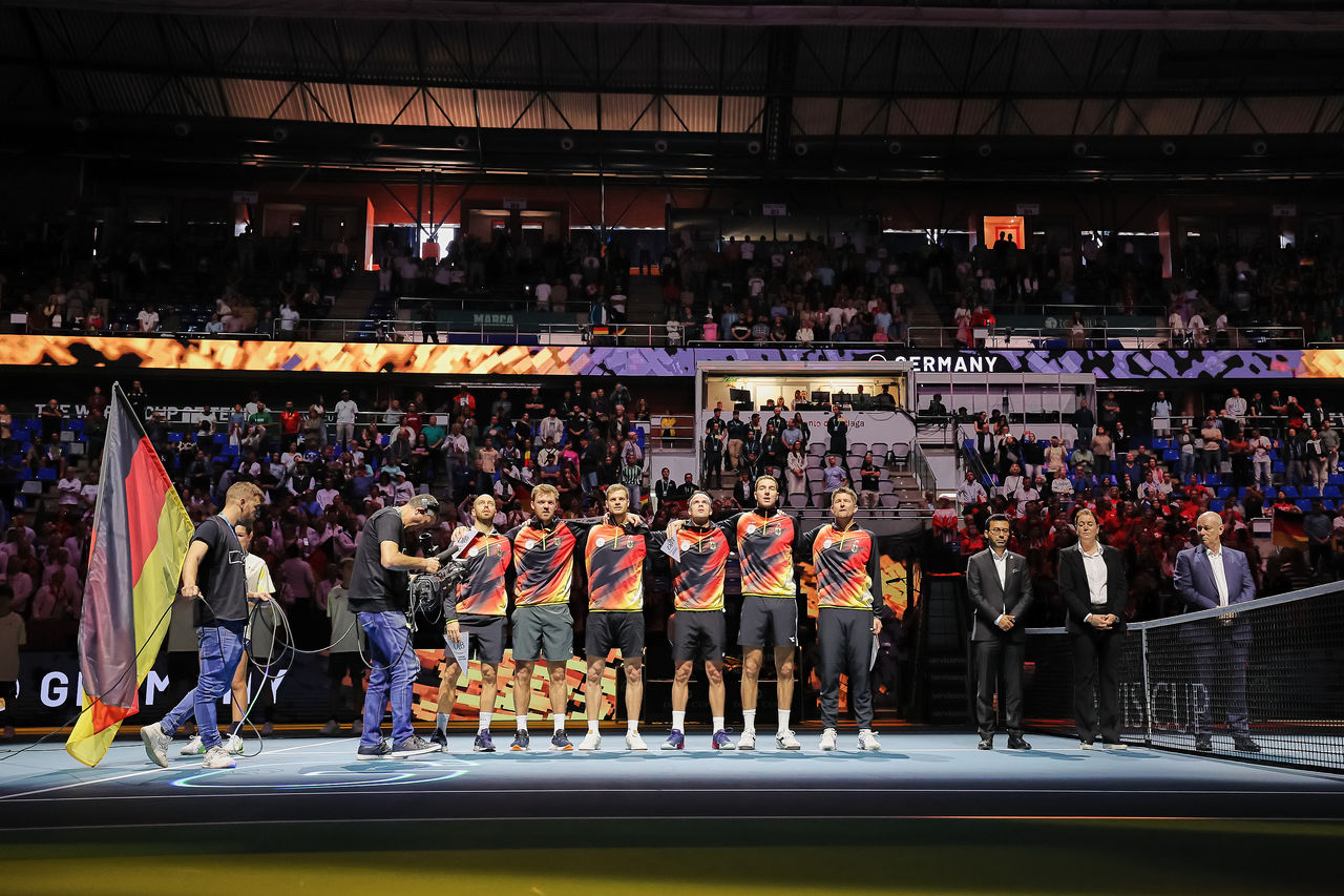 Tim Puetz of Germany, Kevin Krawietz of Germany, Yannick Hanfmann of Germany, Daniel Altmaier of Germany, Jan-Lennard Struff of Germany, Captain Michael Kohlmann of Germany - 2024 DAVIS CUP FINALS - Final 8 - Mens Tennis, 20.11.2024, Malaga (Palacio de Deportes Jose Maria Martin Carpena), Spain, Photo: Mathias Schulz